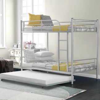 Jump Into Fun Bunk Bed Twin over Twin, Metal Bunk Bed for Kids Teens Adults Convertible into 2 Bed with Trundle, 42 Sturdy Slats, Guard Rail & Ladder, Hold 600lb for Guest Room, Noise Free, Silver