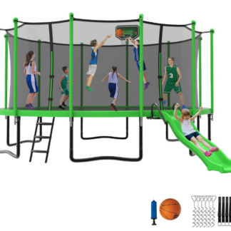 Jump Into Fun 16 ft Trampoline with Enclosure for Adults Kids, Outdoor with Basketball Hoop, Storage Bag, Capacity 1200lbs, Heavy-Duty Recreational Trampoline for Backyard for 7-8 Kids