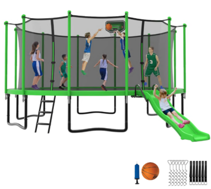 Jump Into Fun 16 ft Trampoline with Enclosure for Adults Kids, Outdoor with Basketball Hoop, Storage Bag, Capacity 1200lbs, Heavy-Duty Recreational Trampoline for Backyard for 7-8 Kids