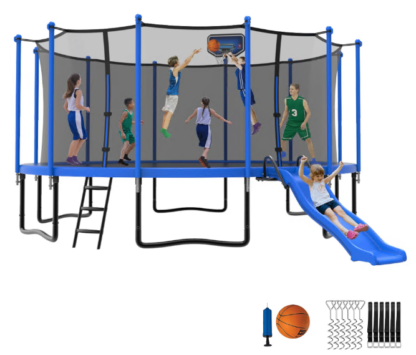 Jump Into Fun 16 ft Trampoline with Enclosure for Adults Kids, Outdoor with Basketball Hoop, Storage Bag, Capacity 1200lbs, Heavy-Duty Recreational Trampoline for Backyard for 7-8 Kids