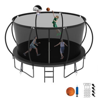 Jump Into Fun 12FT Trampoline for Adults/Kids, Trampoline with Enclosure, Basketball Hoop, Ladder, Wind Stakes, 1200LBS Capacity for 5-6 Kids, Outdoor Galvanized Full Spray Round Trampoline, Black