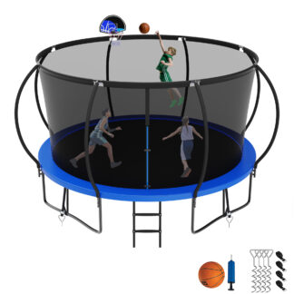 Jump Into Fun 12FT Trampoline for Adults/Kids, Trampoline with Enclosure, Basketball Hoop, Ladder, Wind Stakes, 1200LBS Capacity for 5-6 Kids, Outdoor Galvanized Full Spray Round Trampoline, Blue