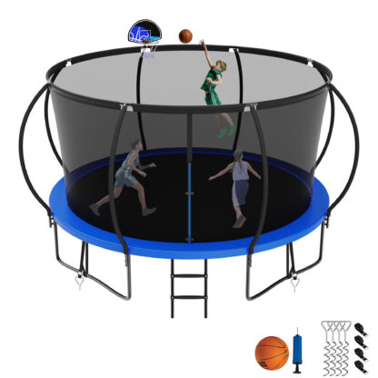Jump Into Fun 12FT Trampoline for Adults/Kids, Trampoline with Enclosure, Basketball Hoop, Ladder, Wind Stakes, 1200LBS Capacity for 5-6 Kids, Outdoor Galvanized Full Spray Round Trampoline, Blue