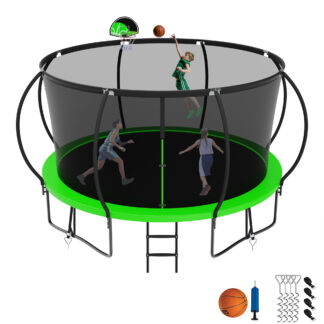 Jump Into Fun 12FT Trampoline for Adults/Kids, Trampoline with Enclosure, Basketball Hoop, Ladder, Wind Stakes, 1200LBS Capacity for 5-6 Kids, Outdoor Galvanized Full Spray Round Trampoline, Green