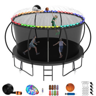 Jump Into Fun 12FT Trampoline for Adults/Kids, Trampoline with Enclosure, Basketball Hoop, Light, Sprinkler, Socks, 1200LBS Capacity for 5-6 Kids, Outdoor Galvanized Full Spray Round Trampoline, Black