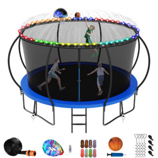 Jump Into Fun 12FT Trampoline for Adults/Kids, Trampoline with Enclosure, Basketball Hoop, Light, Sprinkler, Socks, 1200LBS Capacity for 5-6 Kids, Outdoor Galvanized Full Spray Round Trampoline, Blue
