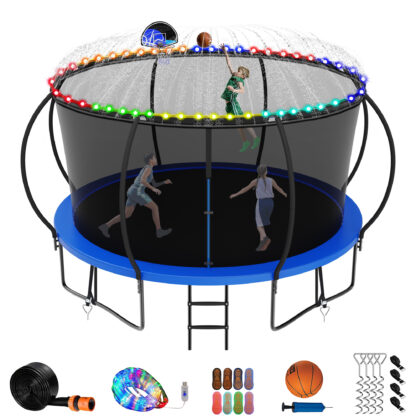 Jump Into Fun 12FT Trampoline for Adults/Kids, Trampoline with Enclosure, Basketball Hoop, Light, Sprinkler, Socks, 1200LBS Capacity for 5-6 Kids, Outdoor Galvanized Full Spray Round Trampoline, Blue