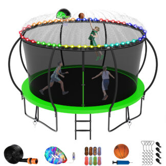 Jump Into Fun 12FT Trampoline for Adults/Kids, Trampoline with Enclosure, Basketball Hoop, Light, Sprinkler, Socks, 1200LBS Capacity for 5-6 Kids, Outdoor Galvanized Full Spray Round Trampoline, Green