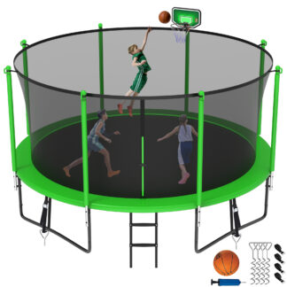 Jump Into Fun Trampoline 8 10 12 14 15 16FT, 1200LBS Trampoline for Kids Adults, Trampolines with Enclosure, Basketball Hoop, Wind Stakes, Galvanized Anti-Rust Coating, Outdoor Backyard Trampoline