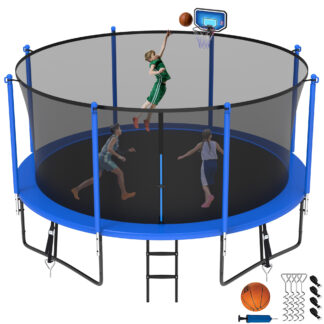 Jump Into Fun Trampoline 8 10 12 14 15 16FT, 1200LBS Trampoline for Kids Adults, Trampolines with Enclosure, Basketball Hoop, Wind Stakes, Galvanized Anti-Rust Coating, Outdoor Backyard Trampoline