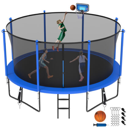 Jump Into Fun Trampoline 8 10 12 14 15 16FT, 1200LBS Trampoline for Kids Adults, Trampolines with Enclosure, Basketball Hoop, Wind Stakes, Galvanized Anti-Rust Coating, Outdoor Backyard Trampoline
