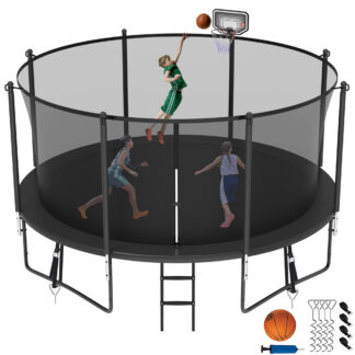 Jump Into Fun Trampoline 8 10 12 14 15 16FT, 1200LBS Trampoline for Kids Adults, Trampolines with Enclosure, Basketball Hoop, Wind Stakes, Galvanized Anti-Rust Coating, Outdoor Backyard Trampoline