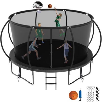 Jump Into Fun 14FT Trampoline for Adults/Kids, Trampoline with Enclosure, Basketball Hoop, Ladder, Wind Stakes, 1400LBS Capacity for 7-8 Kids, Outdoor Galvanized Full Spray Round Trampoline, Black