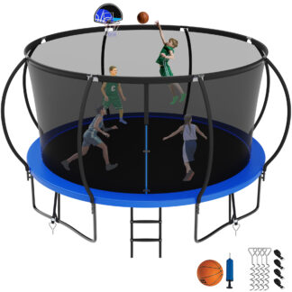 Jump Into Fun 14FT Trampoline for Adults/Kids, Trampoline with Enclosure, Basketball Hoop, Ladder, Wind Stakes, 1400LBS Capacity for 7-8 Kids, Outdoor Galvanized Full Spray Round Trampoline, Blue