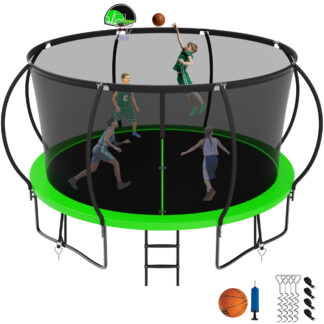 Jump Into Fun 14FT Trampoline for Adults/Kids, Trampoline with Enclosure, Basketball Hoop, Ladder, Wind Stakes, 1400LBS Capacity for 7-8 Kids, Outdoor Galvanized Full Spray Round Trampoline, Green