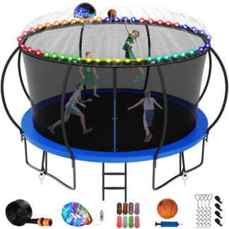 Jump Into Fun 14FT Trampoline for Adults/Kids, Trampoline with Enclosure, Basketball Hoop, Light, Sprinkler, Socks, 1400LBS Capacity for 7-8 Kids, Outdoor Galvanized Full Spray Round Trampoline, Blue