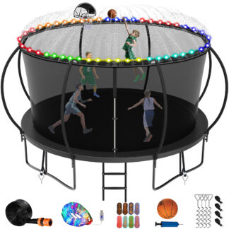 Jump Into Fun 14FT Trampoline for Adults/Kids, Trampoline with Enclosure, Basketball Hoop, Light, Sprinkler, Socks, 1400LBS Capacity for 7-8 Kids, Outdoor Galvanized Full Spray Round Trampoline, Black