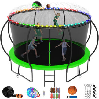 Jump Into Fun 14FT Trampoline for Adults/Kids, Trampoline with Enclosure, Basketball Hoop, Light, Sprinkler, Socks, 1400LBS Capacity for 7-8 Kids, Outdoor Galvanized Full Spray Round Trampoline, Green