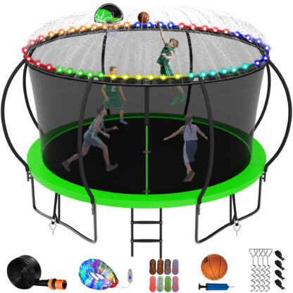 Jump Into Fun 14FT Trampoline for Adults/Kids, Trampoline with Enclosure, Basketball Hoop, Light, Sprinkler, Socks, 1400LBS Capacity for 7-8 Kids, Outdoor Galvanized Full Spray Round Trampoline, Green