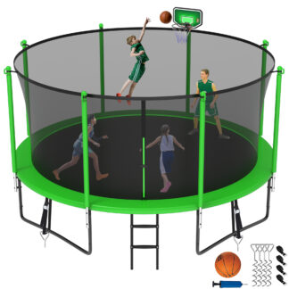 Jump Into Fun Trampoline 8 10 12 14 15 16FT, 1400LBS Trampoline for Kids Adults, Trampolines with Enclosure, Basketball Hoop, Wind Stakes, Galvanized Anti-Rust Coating, Outdoor Backyard Trampoline