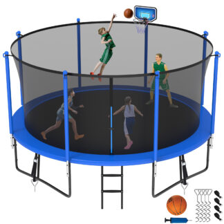 Jump Into Fun Trampoline 8 10 12 14 15 16FT, 1400LBS Trampoline for Kids Adults, Trampolines with Enclosure, Basketball Hoop, Wind Stakes, Galvanized Anti-Rust Coating, Outdoor Backyard Trampoline