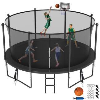 Jump Into Fun Trampoline 8 10 12 14 15 16FT, 1400LBS Trampoline for Kids Adults, Trampolines with Enclosure, Basketball Hoop, Wind Stakes, Galvanized Anti-Rust Coating, Outdoor Backyard Trampoline