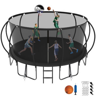 Jump Into Fun 15FT Trampoline for Adults/Kids, Trampoline with Enclosure, Basketball Hoop, Ladder, Wind Stakes, 1500LBS Capacity for 8-9 Kids, Outdoor Galvanized Full Spray Round Trampoline, Black