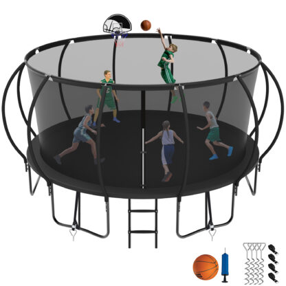 Jump Into Fun 15FT Trampoline for Adults/Kids, Trampoline with Enclosure, Basketball Hoop, Ladder, Wind Stakes, 1500LBS Capacity for 8-9 Kids, Outdoor Galvanized Full Spray Round Trampoline, Black