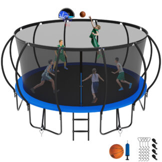 Jump Into Fun 15FT Trampoline for Adults/Kids, Trampoline with Enclosure, Basketball Hoop, Ladder, Wind Stakes, 1500LBS Capacity for 8-9 Kids, Outdoor Galvanized Full Spray Round Trampoline, Blue