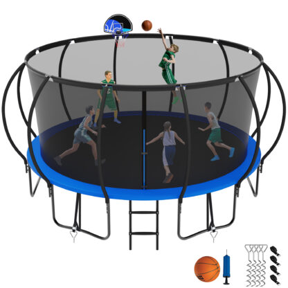 Jump Into Fun 15FT Trampoline for Adults/Kids, Trampoline with Enclosure, Basketball Hoop, Ladder, Wind Stakes, 1500LBS Capacity for 8-9 Kids, Outdoor Galvanized Full Spray Round Trampoline, Blue