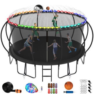Jump Into Fun 15FT Trampoline for Adults/Kids, Trampoline with Enclosure, Basketball Hoop, Light, Sprinkler, Socks, 1500LBS Capacity for 8-9 Kids, Outdoor Galvanized Full Spray Round Trampoline, Black