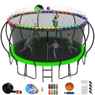 Jump Into Fun 15FT Trampoline for Adults/Kids, Trampoline with Enclosure, Basketball Hoop, Light, Sprinkler, Socks, 1500LBS Capacity for 8-9 Kids, Outdoor Galvanized Full Spray Round Trampoline, Green