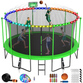 Jump Into Fun Trampoline 8 10 12 14 15 16FT, 1500LBS Trampoline for Kids Adults, Trampolines with Enclosure, Basketball Hoop, Wind Stakes, More Gifts, Outdoor Galvanized Anti-Rust Coating Trampoline