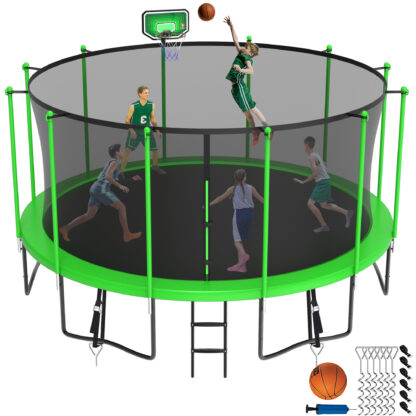 Jump Into Fun Trampoline 8 10 12 14 15 16FT, 1500LBS Trampoline for Kids Adults, Trampolines with Enclosure, Basketball Hoop, Wind Stakes, Galvanized Anti-Rust Coating, Outdoor Backyard Trampoline