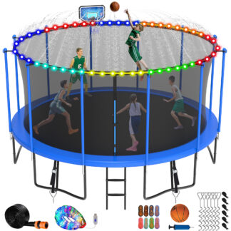 Jump Into Fun Trampoline 8 10 12 14 15 16FT, 1500LBS Trampoline for Kids Adults, Trampolines with Enclosure, Basketball Hoop, Wind Stakes, More Gifts, Outdoor Galvanized Anti-Rust Coating Trampoline
