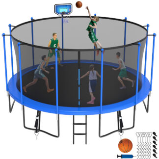 Jump Into Fun Trampoline 8 10 12 14 15 16FT, 1500LBS Trampoline for Kids Adults, Trampolines with Enclosure, Basketball Hoop, Wind Stakes, Galvanized Anti-Rust Coating, Outdoor Backyard Trampoline