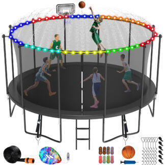 Jump Into Fun Trampoline 8 10 12 14 15 16FT, 1500LBS Trampoline for Kids Adults, Trampolines with Enclosure, Basketball Hoop, Wind Stakes, More Gifts, Outdoor Galvanized Anti-Rust Coating Trampoline