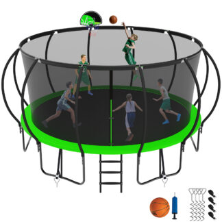 Jump Into Fun 16FT Trampoline for Adults/Kids, Trampoline with Enclosure, Basketball Hoop, Ladder, Wind Stakes, 1500LBS Capacity for 10 Kids, Outdoor Galvanized Full Spray Round Trampoline, Green