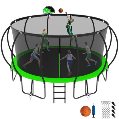 Jump Into Fun 16FT Trampoline for Adults/Kids, Trampoline with Enclosure, Basketball Hoop, Ladder, Wind Stakes, 1500LBS Capacity for 10 Kids, Outdoor Galvanized Full Spray Round Trampoline, Green