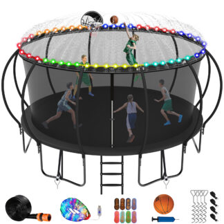Jump Into Fun 16FT Trampoline for Adults/Kids, Trampoline with Enclosure, Basketball Hoop, Light, Sprinkler, Socks, 1500LBS Capacity for 10 Kids, Outdoor Galvanized Full Spray Round Trampoline, Black