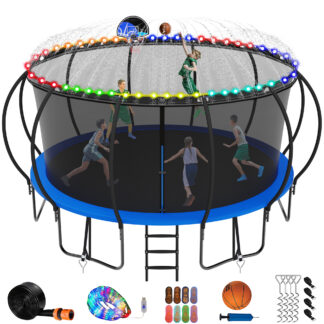 Jump Into Fun 16FT Trampoline for Adults/Kids, Trampoline with Enclosure, Basketball Hoop, Light, Sprinkler, Socks, 1500LBS Capacity for 10 Kids, Outdoor Galvanized Full Spray Round Trampoline, Blue