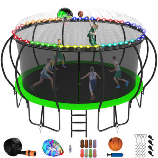 Jump Into Fun 16FT Trampoline for Adults/Kids, Trampoline with Enclosure, Basketball Hoop, Light, Sprinkler, Socks, 1500LBS Capacity for 10 Kids, Outdoor Galvanized Full Spray Round Trampoline, Green