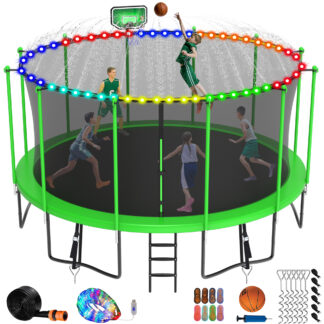 Jump Into Fun Trampoline 8 10 12 14 15 16FT, 1500LBS Trampoline for Kids Adults, Trampolines with Enclosure, Basketball Hoop, Wind Stakes, More Gifts, Outdoor Galvanized Anti-Rust Coating Trampoline