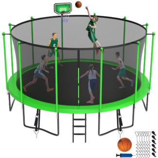 Jump Into Fun Trampoline 8 10 12 14 15 16FT, 1500LBS Trampoline for Kids Adults, Trampolines with Enclosure, Basketball Hoop, Wind Stakes, Galvanized Anti-Rust Coating, Outdoor Backyard Trampoline
