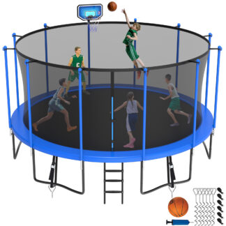 Jump Into Fun Trampoline 8 10 12 14 15 16FT, 1500LBS Trampoline for Kids Adults, Trampolines with Enclosure, Basketball Hoop, Wind Stakes, Galvanized Anti-Rust Coating, Outdoor Backyard Trampoline