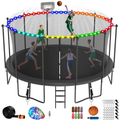 Jump Into Fun Trampoline 8 10 12 14 15 16FT, 1500LBS Trampoline for Kids Adults, Trampolines with Enclosure, Basketball Hoop, Wind Stakes, More Gifts, Outdoor Galvanized Anti-Rust Coating Trampoline