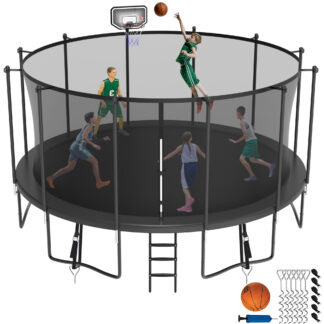 Jump Into Fun Trampoline 8 10 12 14 15 16FT, 1500LBS Trampoline for Kids Adults, Trampolines with Enclosure, Basketball Hoop, Wind Stakes, Galvanized Anti-Rust Coating, Outdoor Backyard Trampoline