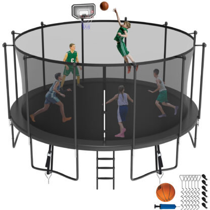 Jump Into Fun Trampoline 8 10 12 14 15 16FT, 1500LBS Trampoline for Kids Adults, Trampolines with Enclosure, Basketball Hoop, Wind Stakes, Galvanized Anti-Rust Coating, Outdoor Backyard Trampoline