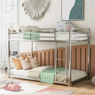 Jump Into Fun Bunk Bed Twin over Twin, Metal Bunk Bed with 42 Sturdy Slats, Safety Guard Rail & Ladder, Low Bunk Bed for Kids Teens Adults, Hold 600lb Bunk Bed for Guest Room, Noise Free, Silver
