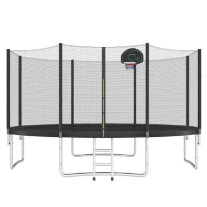 Jump Into Fun Trampoline 14FT, 1200LBS Trampoline for 5-6 Kids /2-3 Adults, Trampoline with Enclosure, Basketball Hoop and Ladder, Outdoor Recreational Trampoline, Black